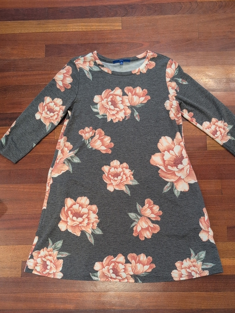 Apt. 9 Floral Swing Dress - Gray with Pink Peony Style Flowers